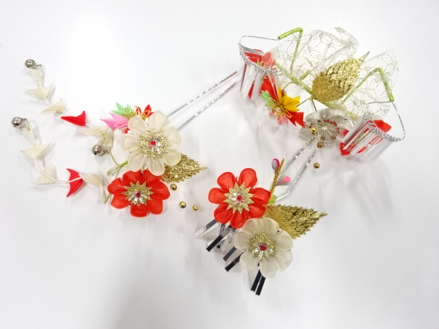 アンティーク　つまみ細工　びらびら髪飾りセット